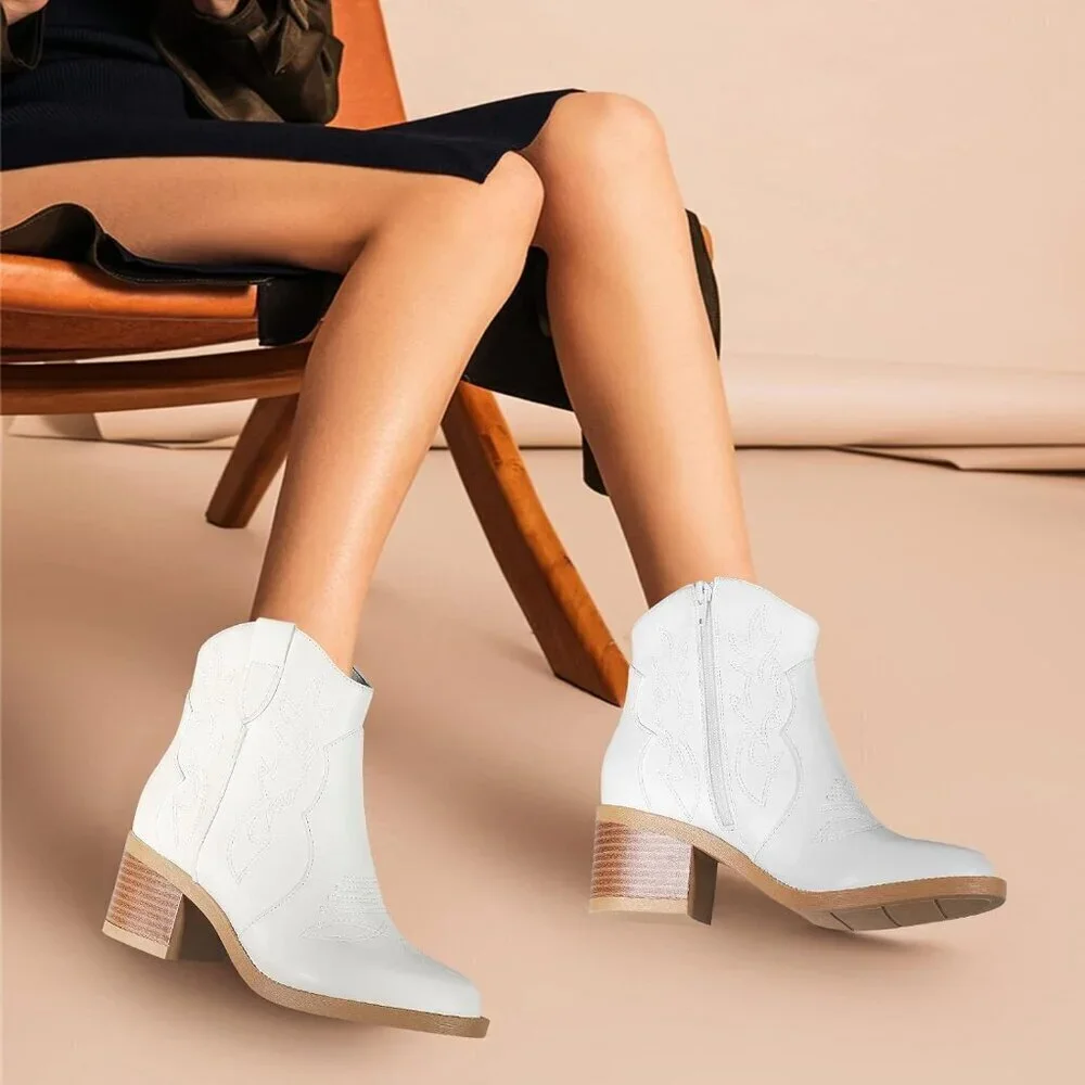 Women's Polyurethane White Embroidered Round Toe Short Ankle Chunky Heel Boots
